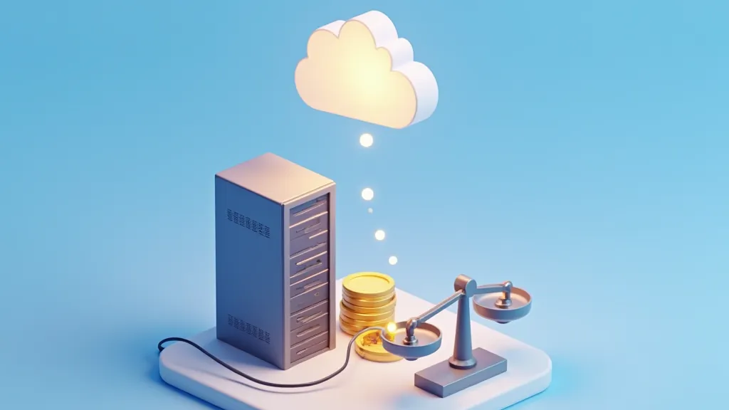 Server rack and a balance scale with coins beside a glowing cloud, comparing self-hosting with an API