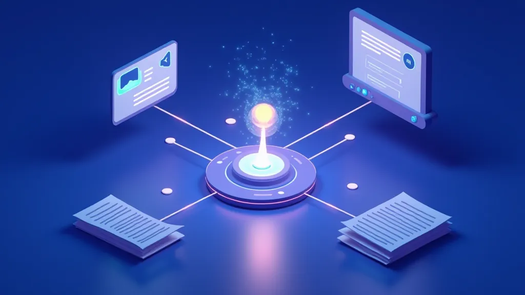 Central glowing hub connected by light streams to a chat window, an agent and documents